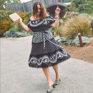 Anthropologie 16 Marisol Embroidered Off Shoulder Tie Waist Midi Dress